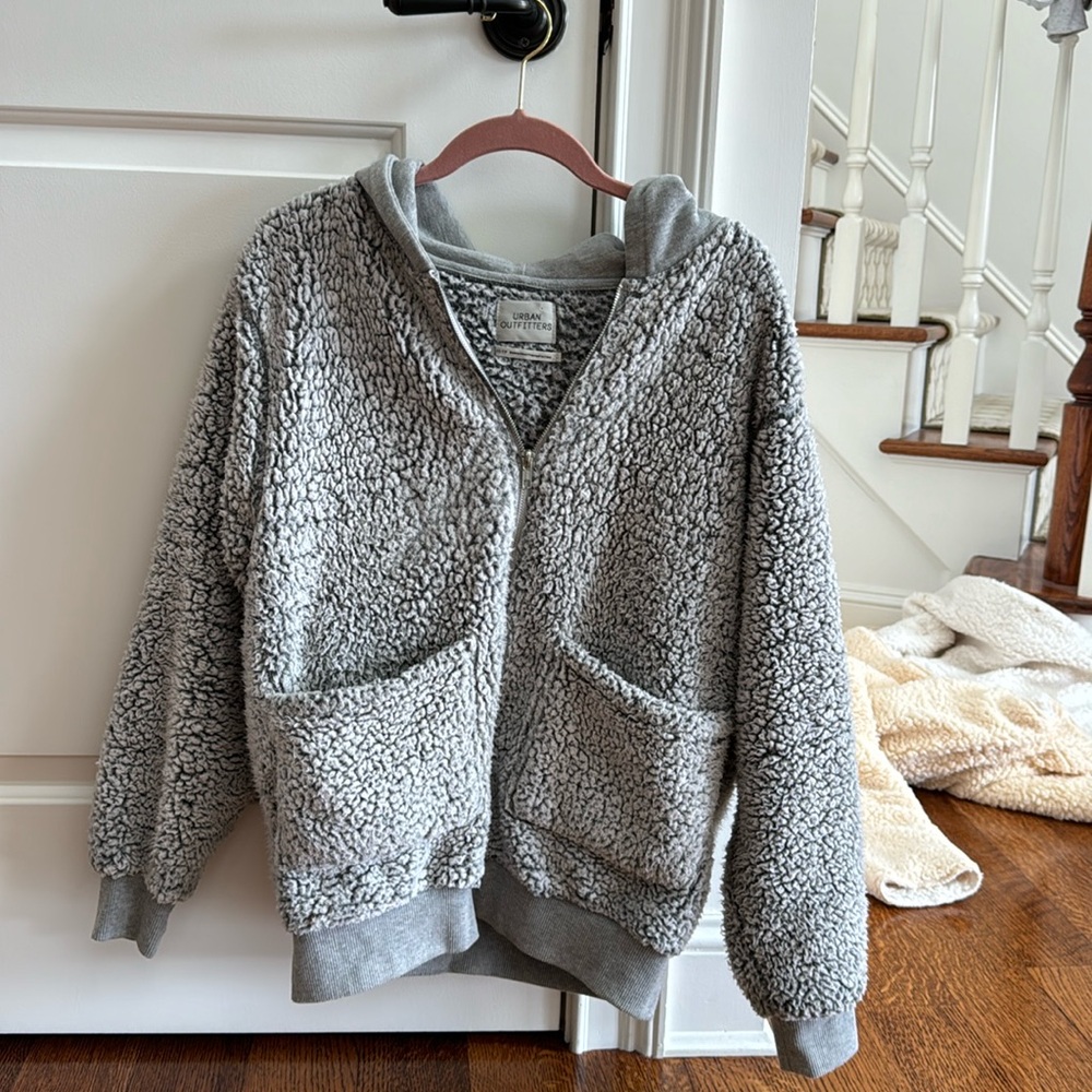 Urban Outfitters gray Brea fleece, teddy jacket hood